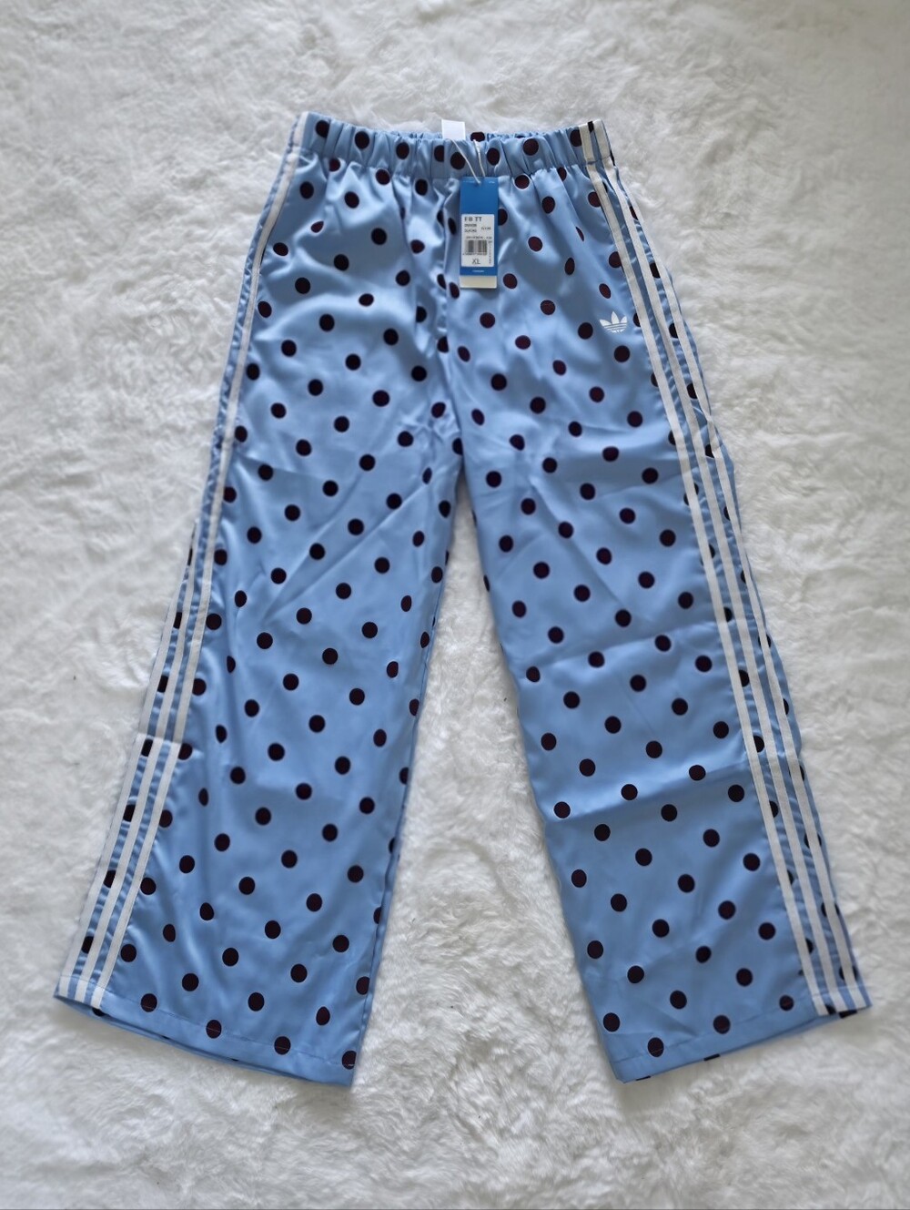 NWT Adidas Originals Satin Polka Dots Wide Leg Pants | Clear Sky, Asia XL